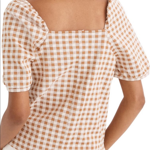 Madewell Gingham Jacquard Square Neck Puff Sleeve Top XS Saddle Brown - Picture 3 of 7